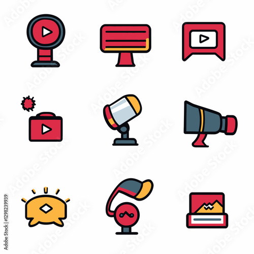 Media Communication Icons Set with video play and broadcast symbols