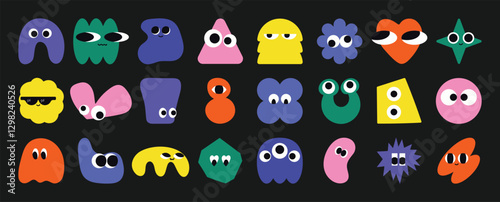 Set of colorful funny shape element vector. Collection of cartoon characters, cute doodle dawn, geometric, organic shape with fun eye. Design for decorative, sticker, toys and kids.