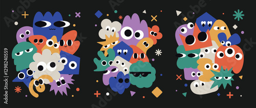 Set of colorful funny shape element vector. Collection of cartoon characters, cute doodle dawn, geometric, organic shape with fun eye. Design for decorative, sticker, toys and kids.