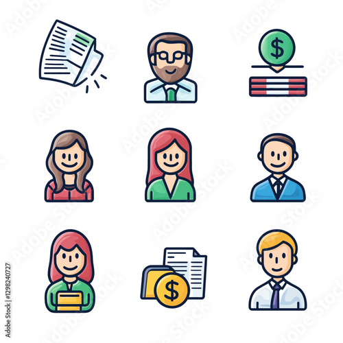 Diverse Team of Smiling Professionals and Financial Icons, Flat Vector Set