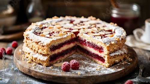 Wallpaper Mural High-resolution photography of a freshly cut Linzer Torte with a crumbly, golden-brown crust, filled with raspberry jam and topped with almond slivers Torontodigital.ca