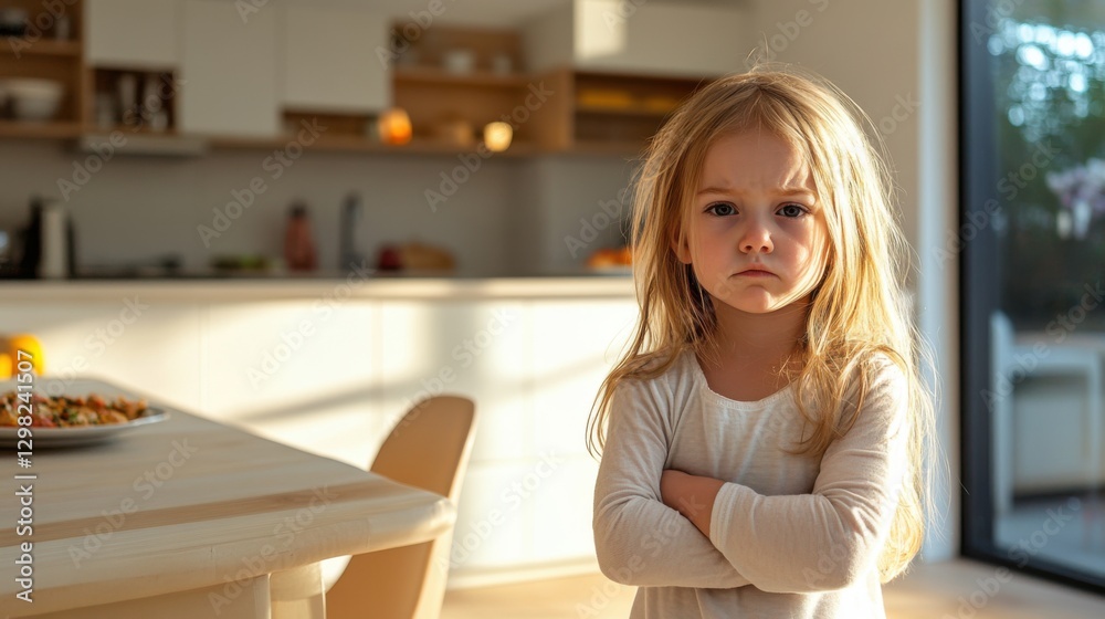 upset little girl in kitchen upset little girl in kitchen