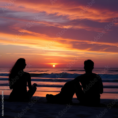 Silhouette of people against sunset at the beach in the afternoon