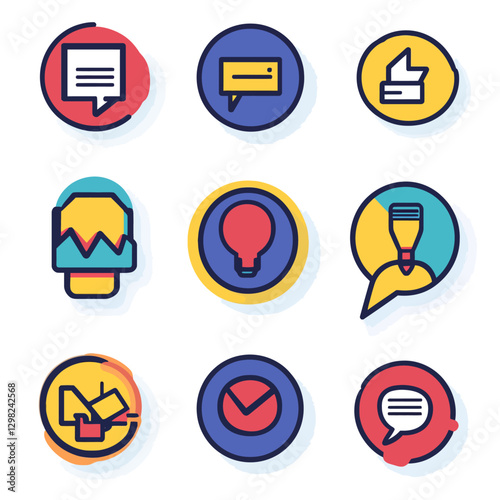 Collection of Conceptual Round Icons Representing Communication and Ideas