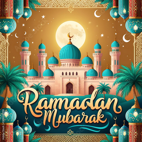 Arabic Ornamental Patterned Background of Islamic Mosque, Design Greeting Card for Ramadan Kareem