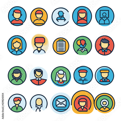 Diverse avatar icons depicting people, communication, and documents