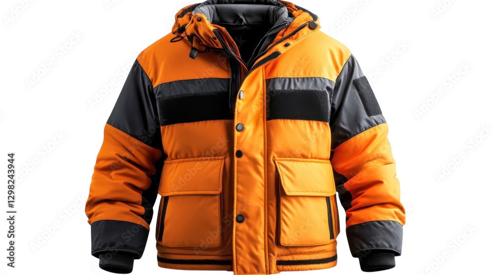 Warm orange winter jacket designed for outdoor activities and extreme weather conditions Warm orange winter jacket designed for outdoor activities and extreme weather conditions