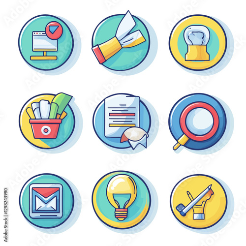 Business Vector Icons: Monitor, Scissors, Brush, Documents and More