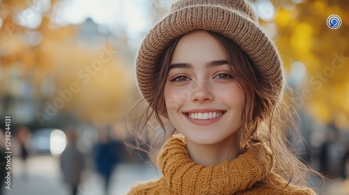 On an autumn weekend, a pretty girl with a smartphone and a good chuckle enjoys a nice time. An outdoor portrait of a cute, fashionable woman with brown hair wearing a hat on a typical October day