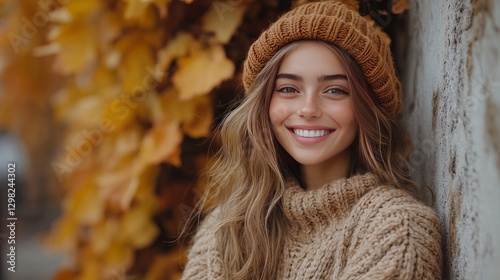 On an autumn weekend, a pretty girl with a smartphone and a good chuckle enjoys a nice time. An outdoor portrait of a cute, fashionable woman with brown hair wearing a hat on a typical October day