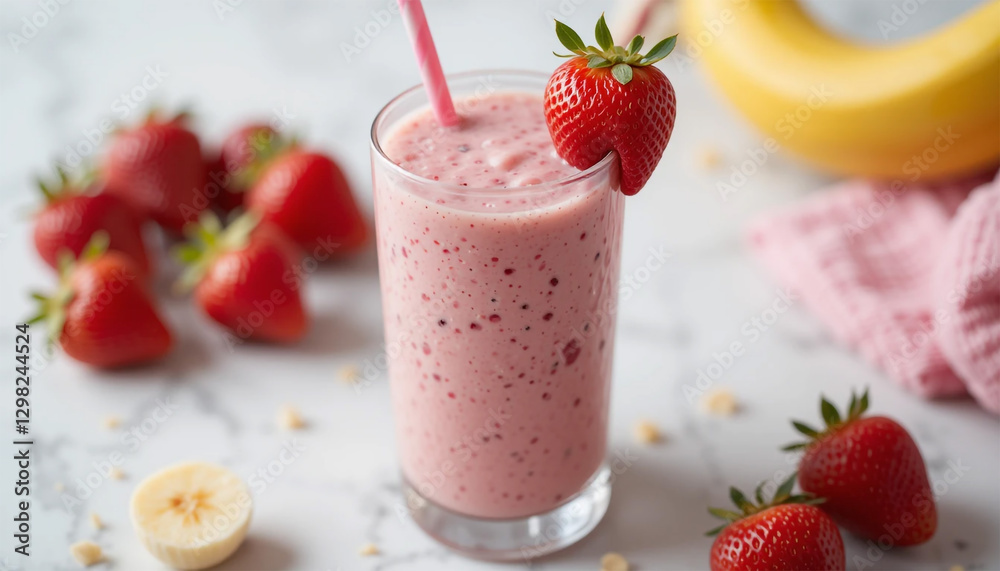 Vibrant Strawberry Banana Smoothie: Refreshing Garnish on Marble Surface Vibrant Strawberry Banana Smoothie: Refreshing Garnish on Marble Surface