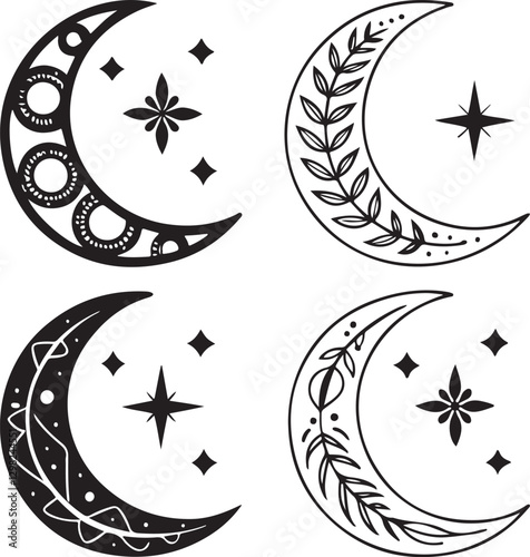 Intricate Eid Mubarak Crescent Moon Scherenschnitt Art, Islamic Silhouette Vector photo