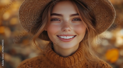 On an autumn weekend, a pretty girl with a smartphone and a good chuckle enjoys a nice time. An outdoor portrait of a cute, fashionable woman with brown hair wearing a hat on a typical October day