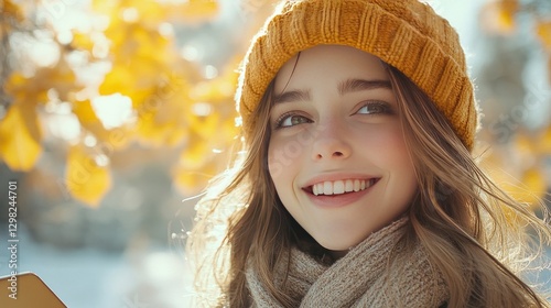 On an autumn weekend, a pretty girl with a smartphone and a good chuckle enjoys a nice time. An outdoor portrait of a cute, fashionable woman with brown hair wearing a hat on a typical October day