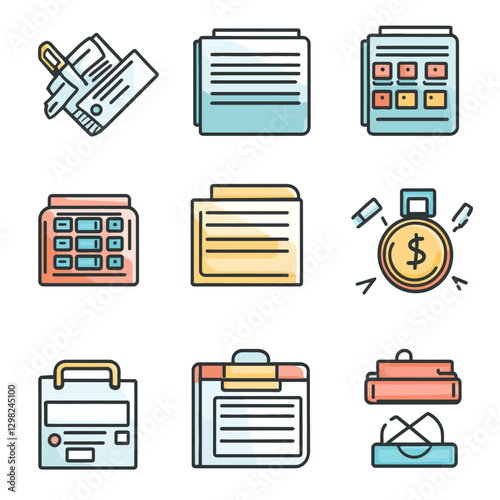 Business Tools Vector Icons: Time Management, Data, Finance, and Documents