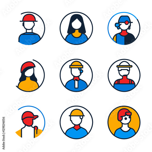 Diverse vector avatars in hard hats, safety gear, and a variety of caps