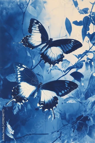 vertical stylish postcard of cyanotype style butterflies and plants, vintage sun print image