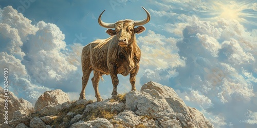 Golden-brown Highland cow stands proudly atop a rocky hillside under a deep-blue sky, with upward-curving horns and fluffy white clouds enhancing its majestic presence photo