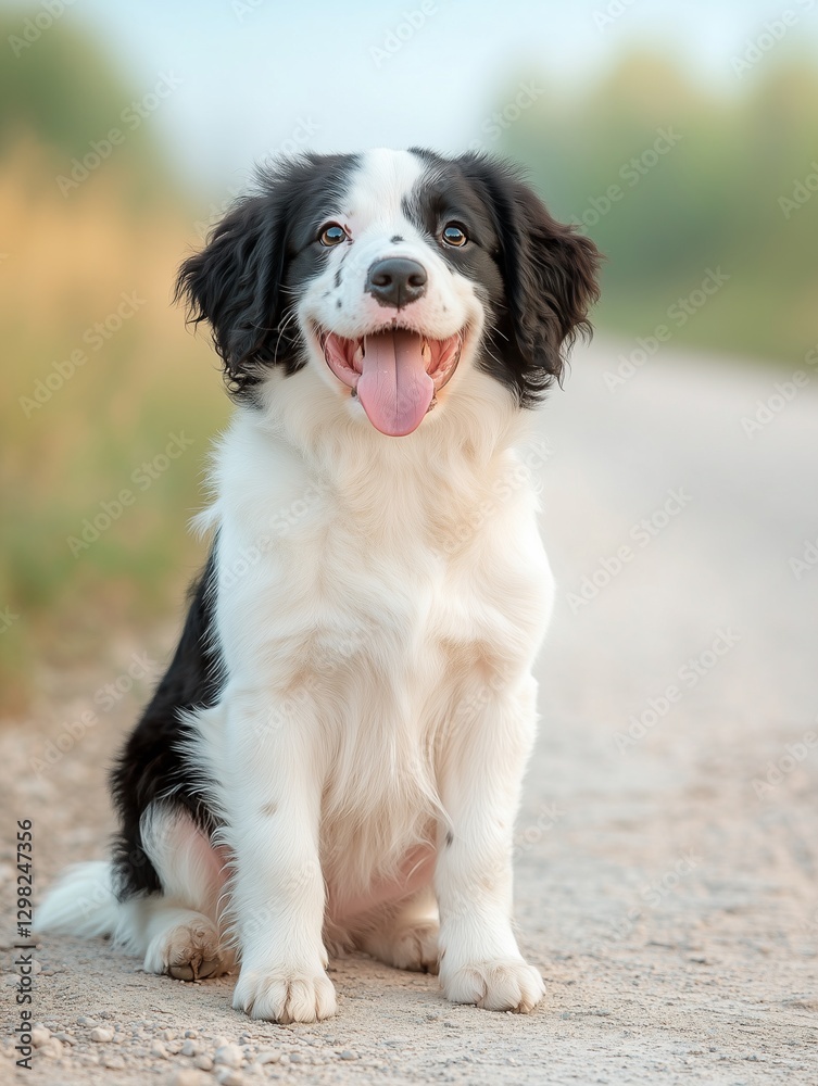 Portrait of Newfoundland puppy dog sit and smile cheerful Portrait of Newfoundland puppy dog sit and smile cheerful