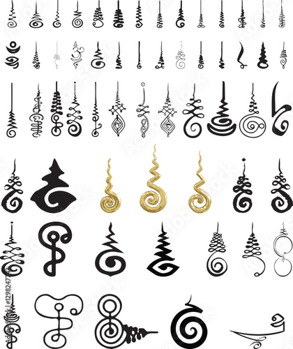 Collection of Unalome vector symbols in various artistic styles, representing spiritual enlightenment and mindfulness. Perfect for tattoo designs, meditation visuals, and Thai-inspired decorative art.