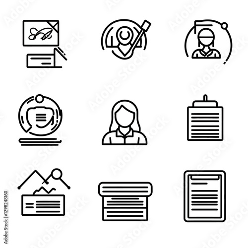 Business Process Outline Icons: Signature, Location Pin, Woman, Reports