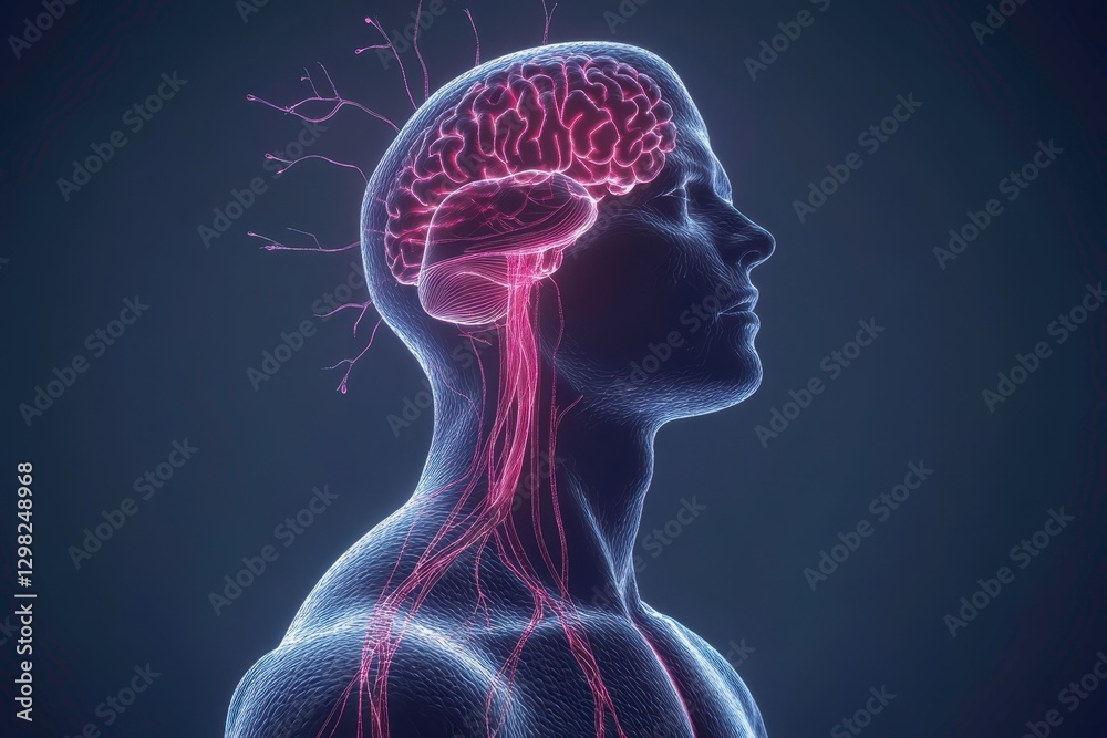 The image shows a digital representation of a human body with the brain highlighted, connected to glowing neural pathways. The vibrant colors emphasize the interaction between the brain and nervous The image shows a digital representation of a human body with the brain highlighted, connected to glowing neural pathways. The vibrant colors emphasize the interaction between the brain and nervous