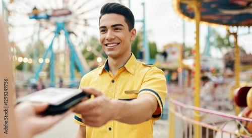 Smiling man in yellow shirt working at amusement park