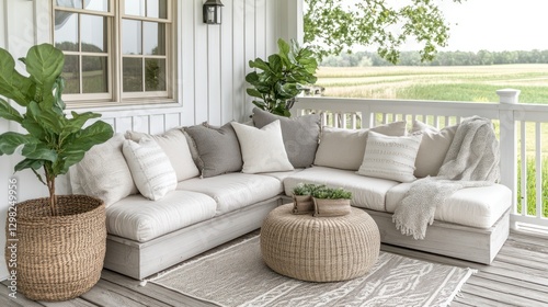 Rustic outdoor sectional sofa on a porch photo