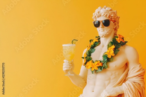 antique greek male god sculpture in Hawaiian flower garland and sunglasses holds tropical refreshing cocktail on yellow background with copy space