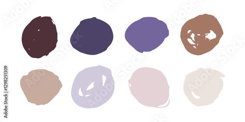 Swatch set of mocha mousse color harmony. Vector brush grunge circle shape collection. Make up shade samples