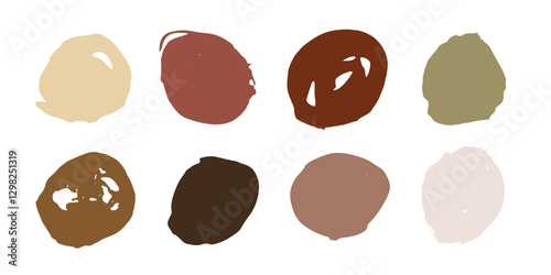 Swatch set of mocha mousse color harmony. Vector brush grunge circle shape collection. Make up shade samples