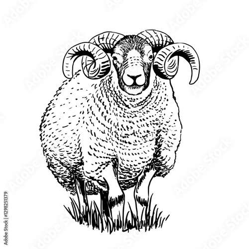 Ram sketch style drawing. Farm animal retro vector hand drawn illustration. Sheep standing