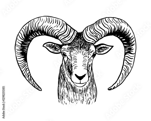 Ram sketch style drawing. Farm animal retro vector hand drawn illustration. Sheep portrait. Lamb head