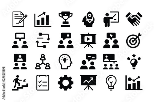 A comprehensive set of black and white business and project management icons, ideal for websites, presentations, or documents.