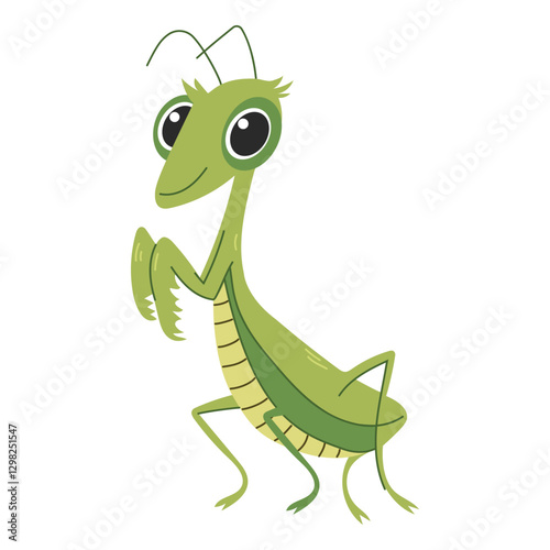 A cute praying mantis. Child illustration, vector illustration of insect on white background