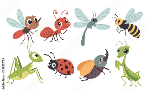 Cute bugs and insects cartoon characters. Happy insects in kids style.Mantis, mosquito, spider, caterpillar, worm, ladybug, snail, dragonfly, bee. Vector illustration
