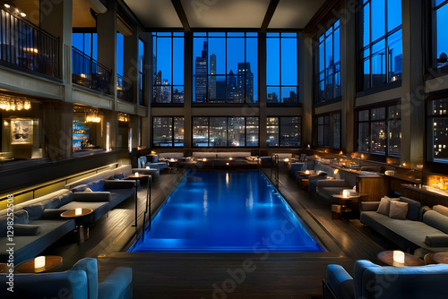 Nighttime Cityscape Indoor Pool Illustration