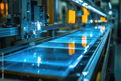 Automated Assembly Line: Blue-Tinted Glass Panels Moving on Conveyor Belt