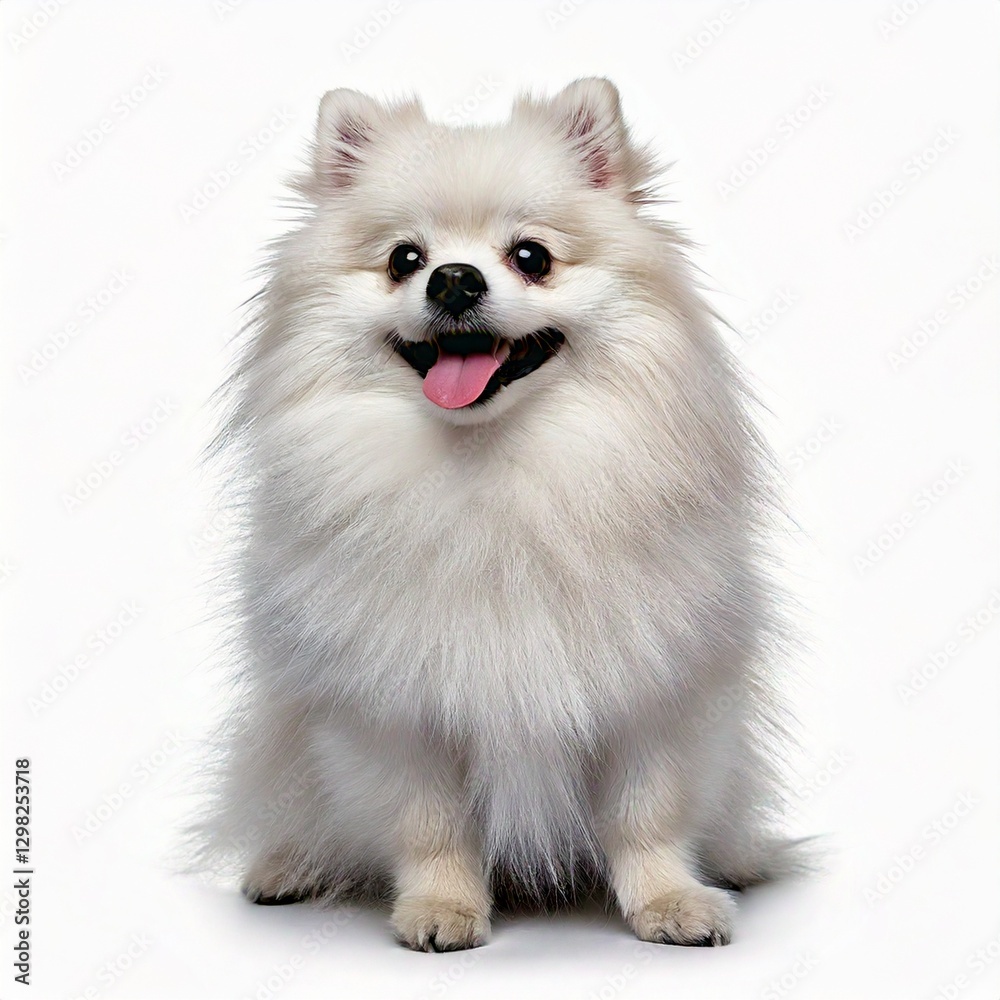 A cute young white Pomeranian dog, smiling with its tongue out, sitting against a white background.Generated image A cute young white Pomeranian dog, smiling with its tongue out, sitting against a white background.Generated image