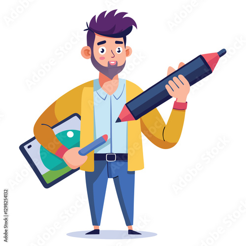 Digital art illustrator holding huge electronic pen, sketching and drawing. Professional illustrator. Flat modern illustration isolated vector image on white background 