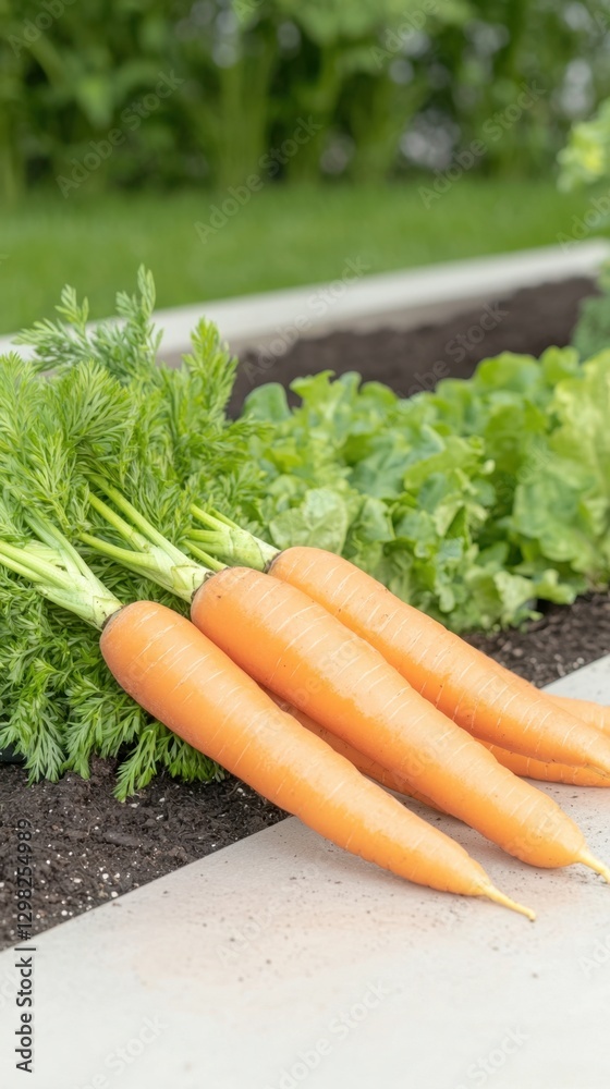 Sustainable food option concept with community garden fresh produce. Fresh carrots with green tops in a garden setting Sustainable food option concept with community garden fresh produce. Fresh carrots with green tops in a garden setting
