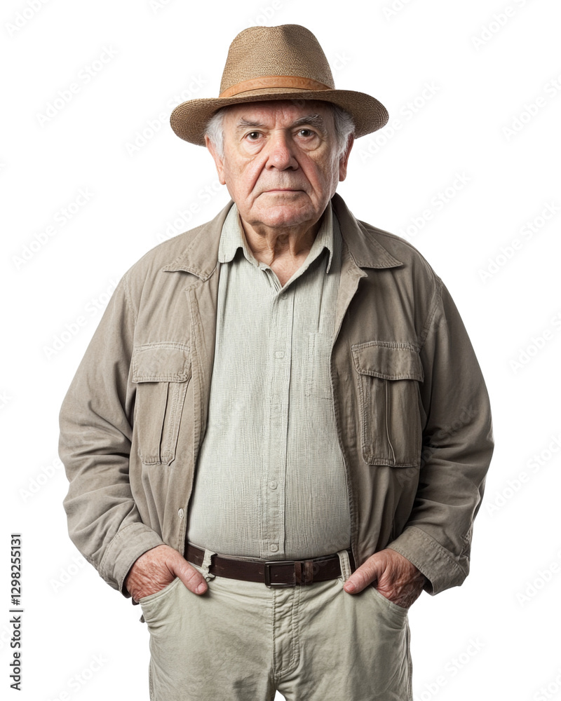 Serious senior explorer posing with hands in pockets on transparent background Serious senior explorer posing with hands in pockets on transparent background