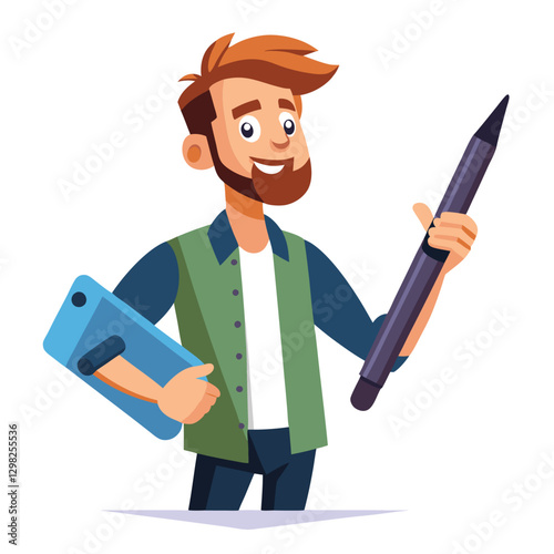 Digital art illustrator holding huge electronic pen, sketching and drawing. Professional illustrator. Flat modern illustration isolated vector image on white background 