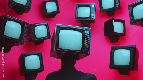 A person is wearing a head made of televisions