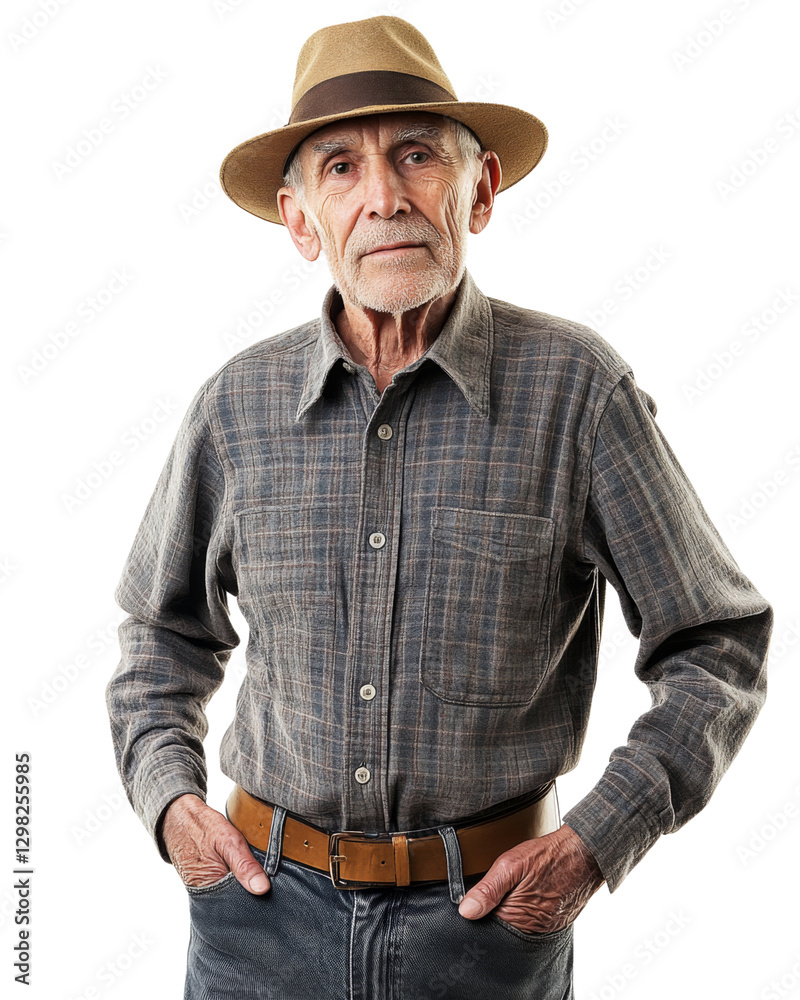 Confident senior farmer posing with hands in pockets on transparent background Confident senior farmer posing with hands in pockets on transparent background
