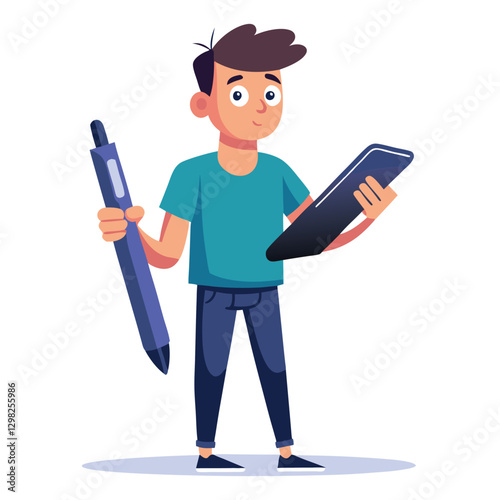 Digital art illustrator holding huge electronic pen, sketching and drawing. Professional illustrator. Flat modern illustration isolated vector image on white background 