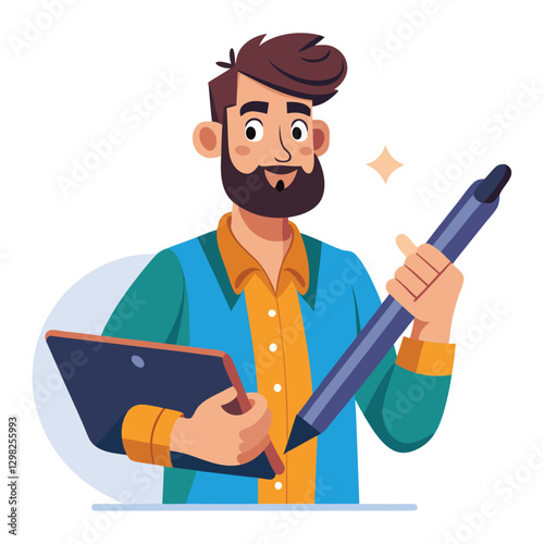 Digital art illustrator holding huge electronic pen, sketching and drawing. Professional illustrator. Flat modern illustration isolated vector image on white background 