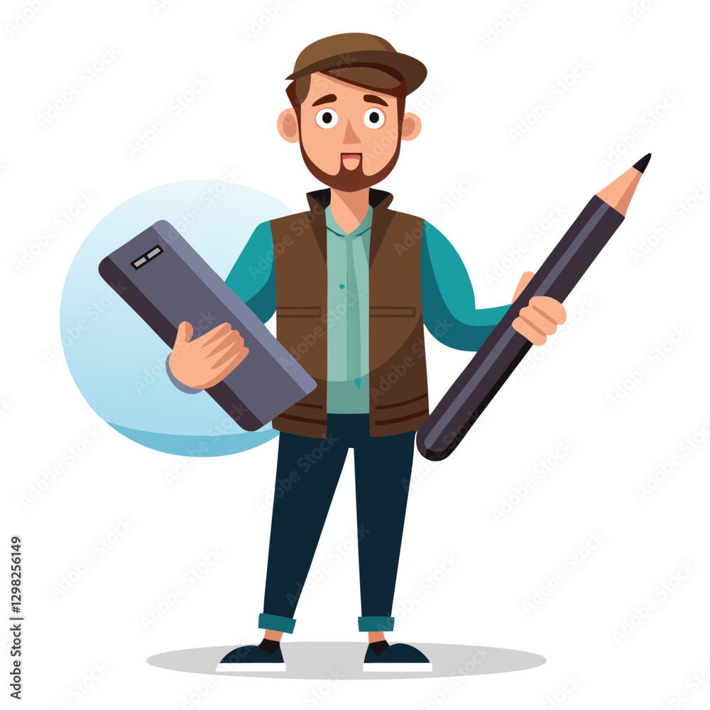 Digital art illustrator holding huge electronic pen, sketching and drawing. Professional illustrator. Flat modern illustration isolated vector image on white background Digital art illustrator holding huge electronic pen, sketching and drawing. Professional illustrator. Flat modern illustration isolated vector image on white background