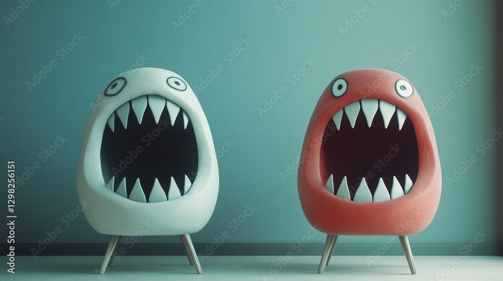 Obraz premium Two stuffed animals with open mouths, one white and one red