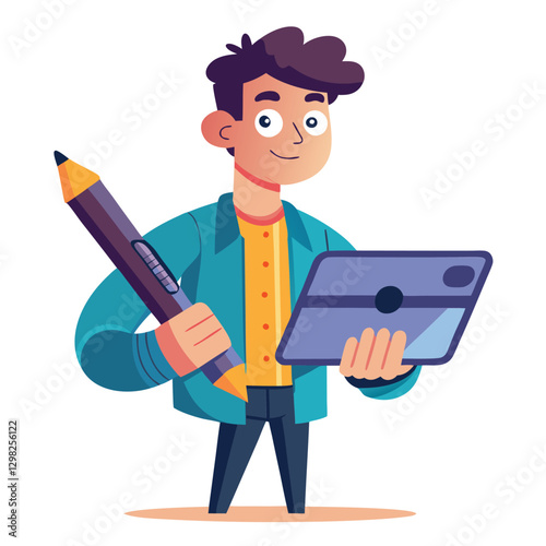 Digital art illustrator holding huge electronic pen, sketching and drawing. Professional illustrator. Flat modern illustration isolated vector image on white background 